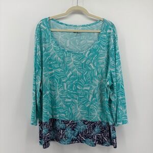 Palm Grove‎ Woman Plus Size 3X Tropical Leaf Print Long Sleeve Tunic Top